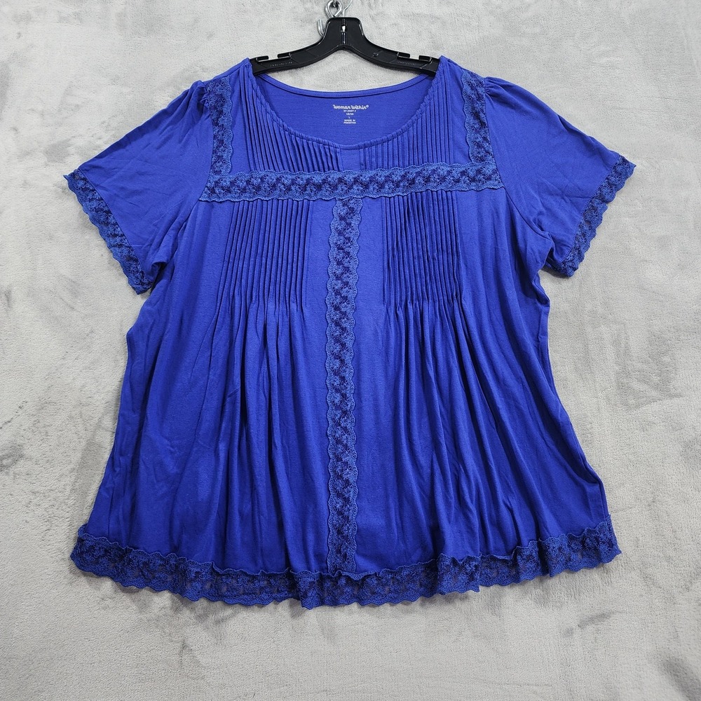 Woman Within Top Womens 18/20 Blue Pleated Lace Scoop Neck Short Sleeve Tunic